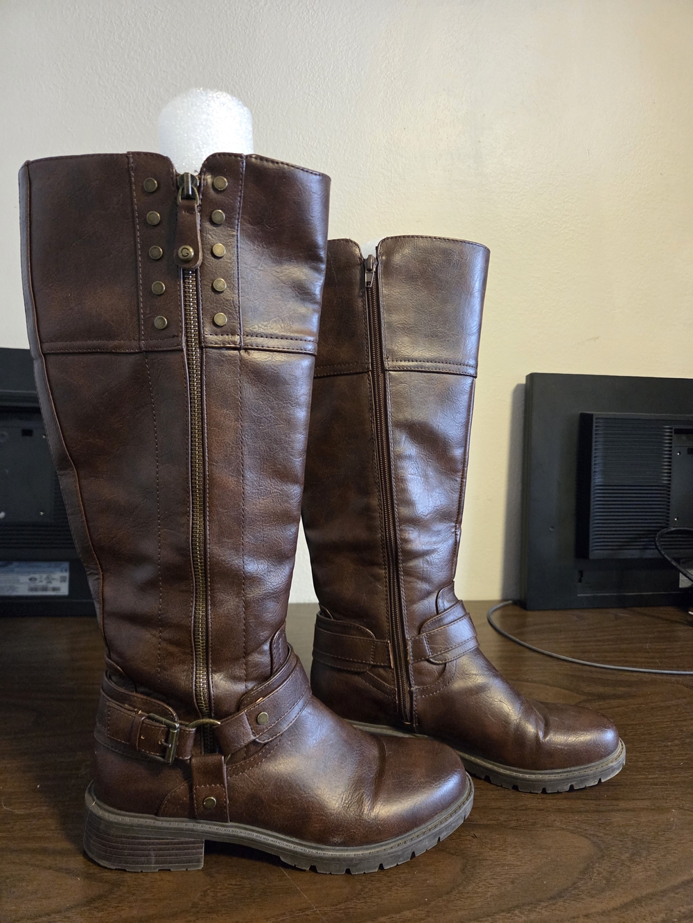 GBG Guess Brown Tall Riding Boots with Buckle and Stud Detail